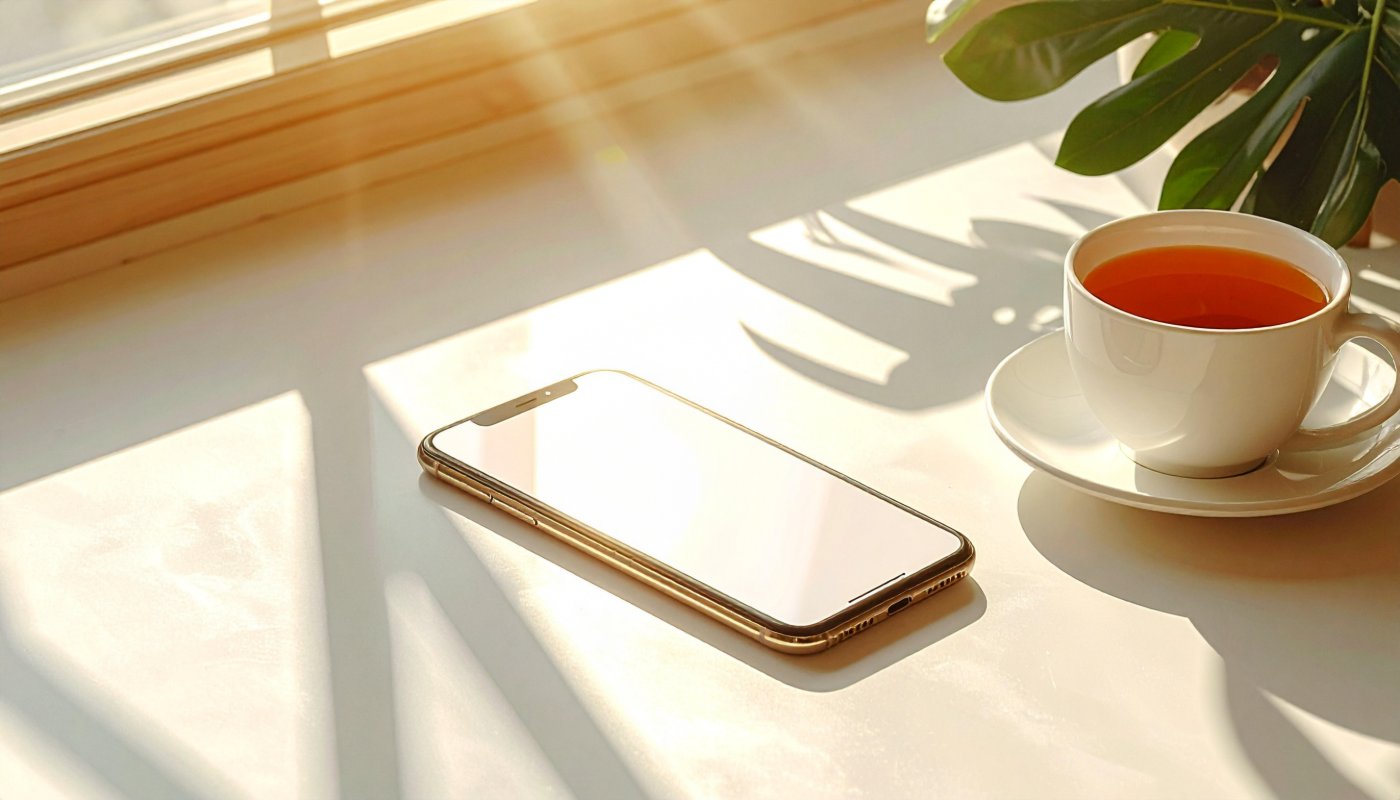 A phone resting on a sunlit table beside a cup of tea